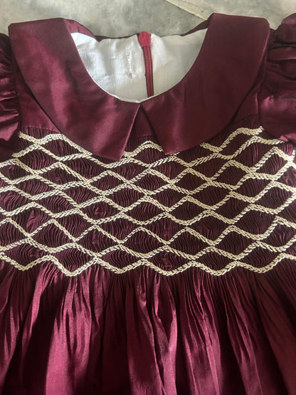 Gorgeous Hand Smocked Dress,Biege/Blue/Burgundy,12M to 8T