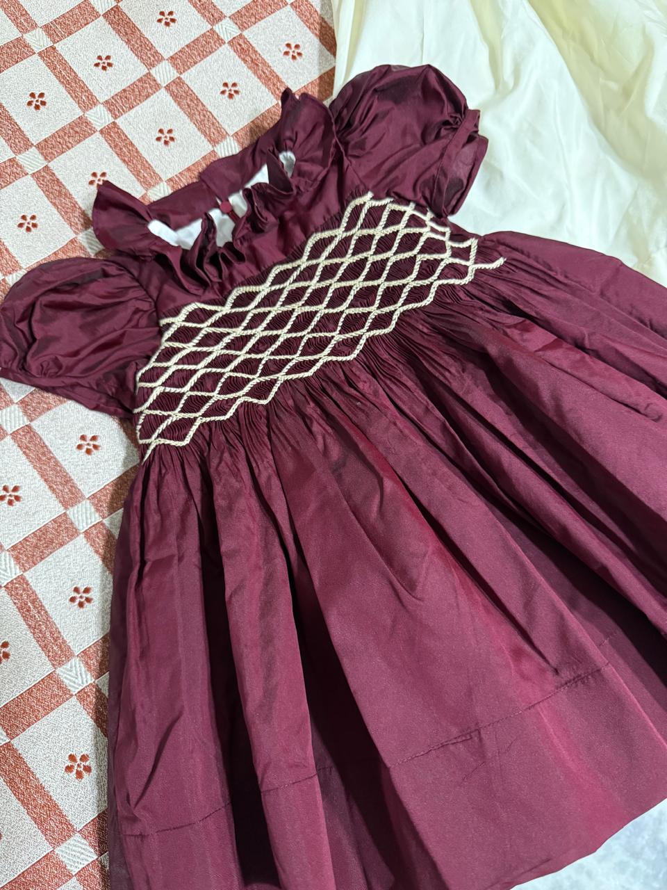 Gorgeous Hand Smocked Dress,Biege/Blue/Burgundy,12M to 8T