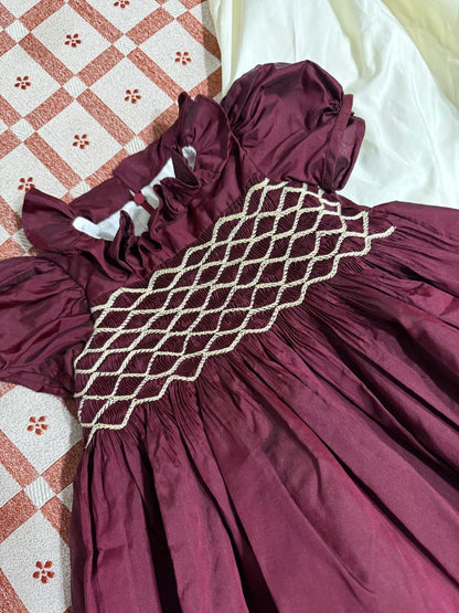 Gorgeous Hand Smocked Dress,Biege/Blue/Burgundy,12M to 8T