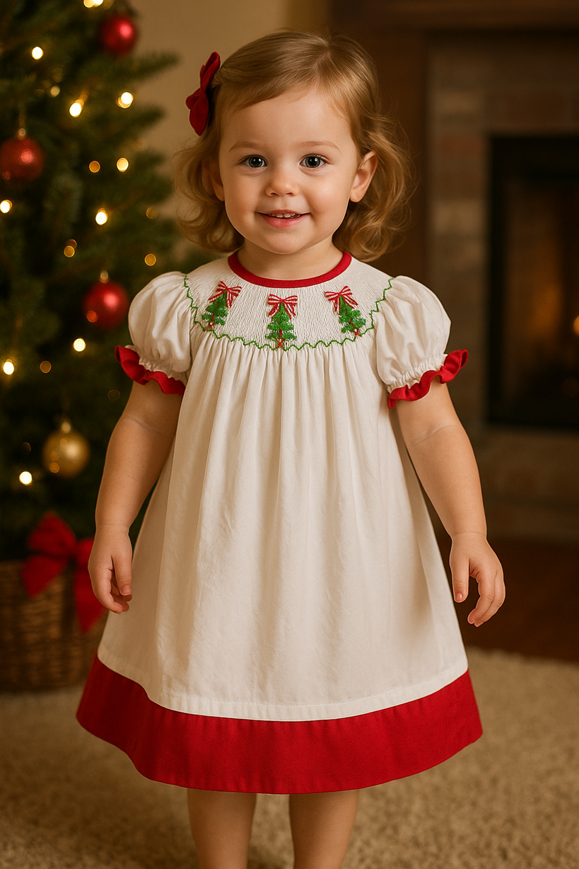 Hand-Smocked Christmas Bishop Dress (6M–8T)