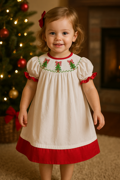 Hand-Smocked Christmas Bishop Dress (6M–8T)