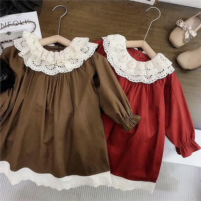 Girls’ Fall Cotton Dress with Lace Collar,2T to 7T,Brown & Red