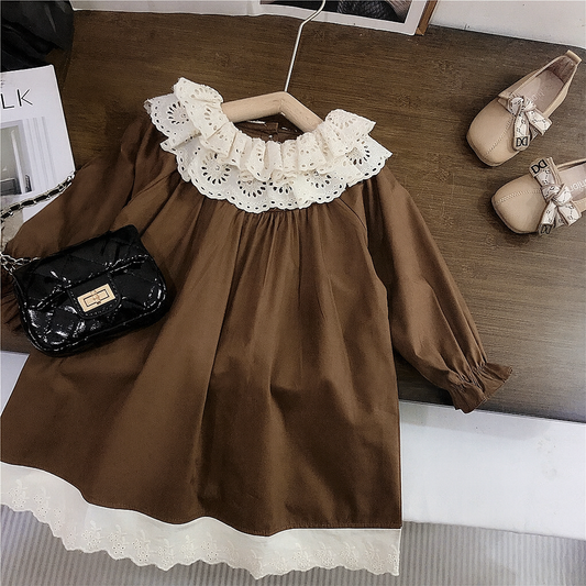 Girls’ Fall Cotton Dress with Lace Collar,2T to 7T,Brown & Red