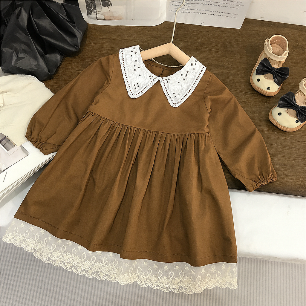 Brown Cotton Long-Sleeve Girls Dress, 2T–7T