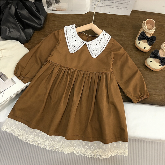 Brown Cotton Long-Sleeve Girls Dress, 2T–7T