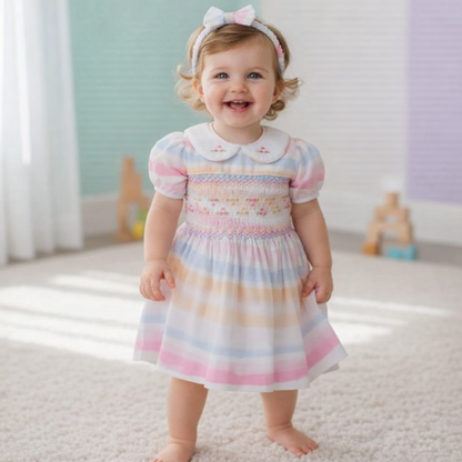 Pastel Rainbow Hand Smocked Dress with Matching Bow,6M - 8T