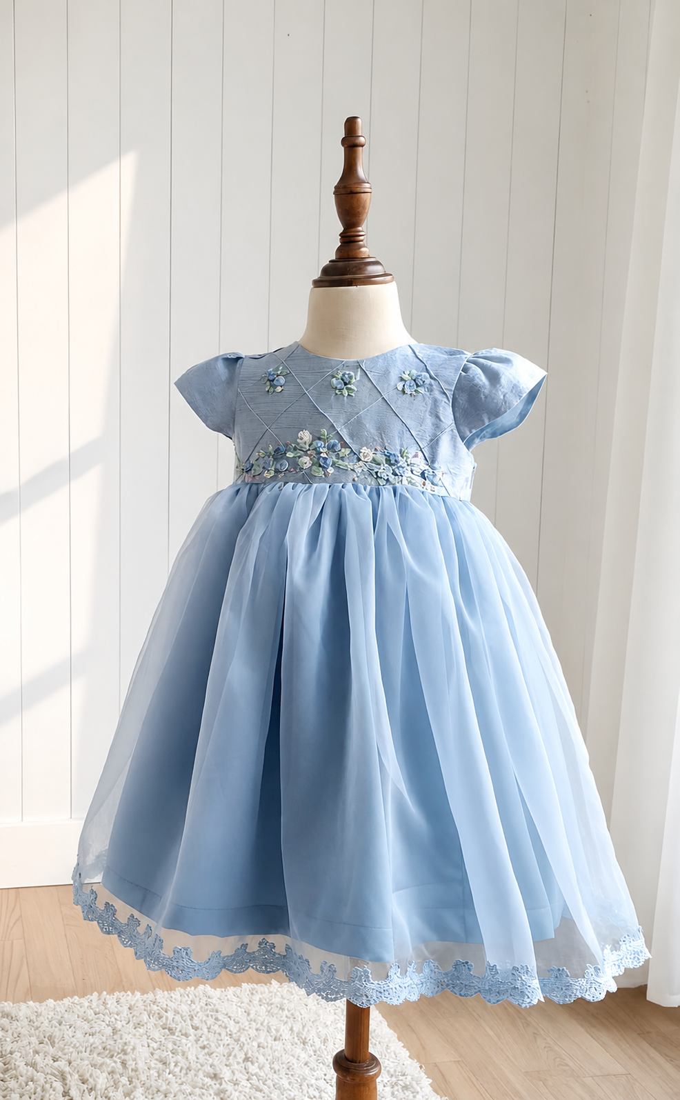 Heirloom Hand-Embroidered Silk Dress,6M - 8T (Blue & Yellow)