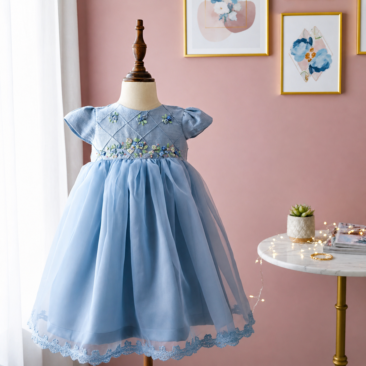 Heirloom Hand-Embroidered Silk Dress,6M - 8T (Blue & Yellow)