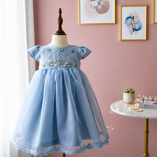 Heirloom Hand-Embroidered Silk Dress,6M - 8T (Blue & Yellow)