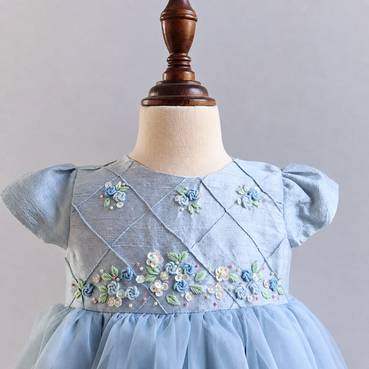 Heirloom Hand-Embroidered Silk Dress,6M - 8T (Blue & Yellow)