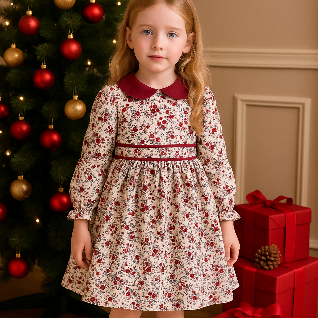 Vintage Floral Cotton Dress with Velvet Collar,12M - 7T