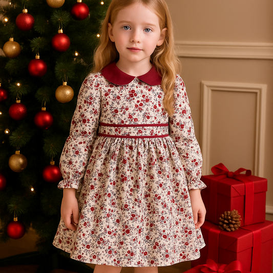 Vintage Floral Cotton Dress with Velvet Collar,12M - 7T