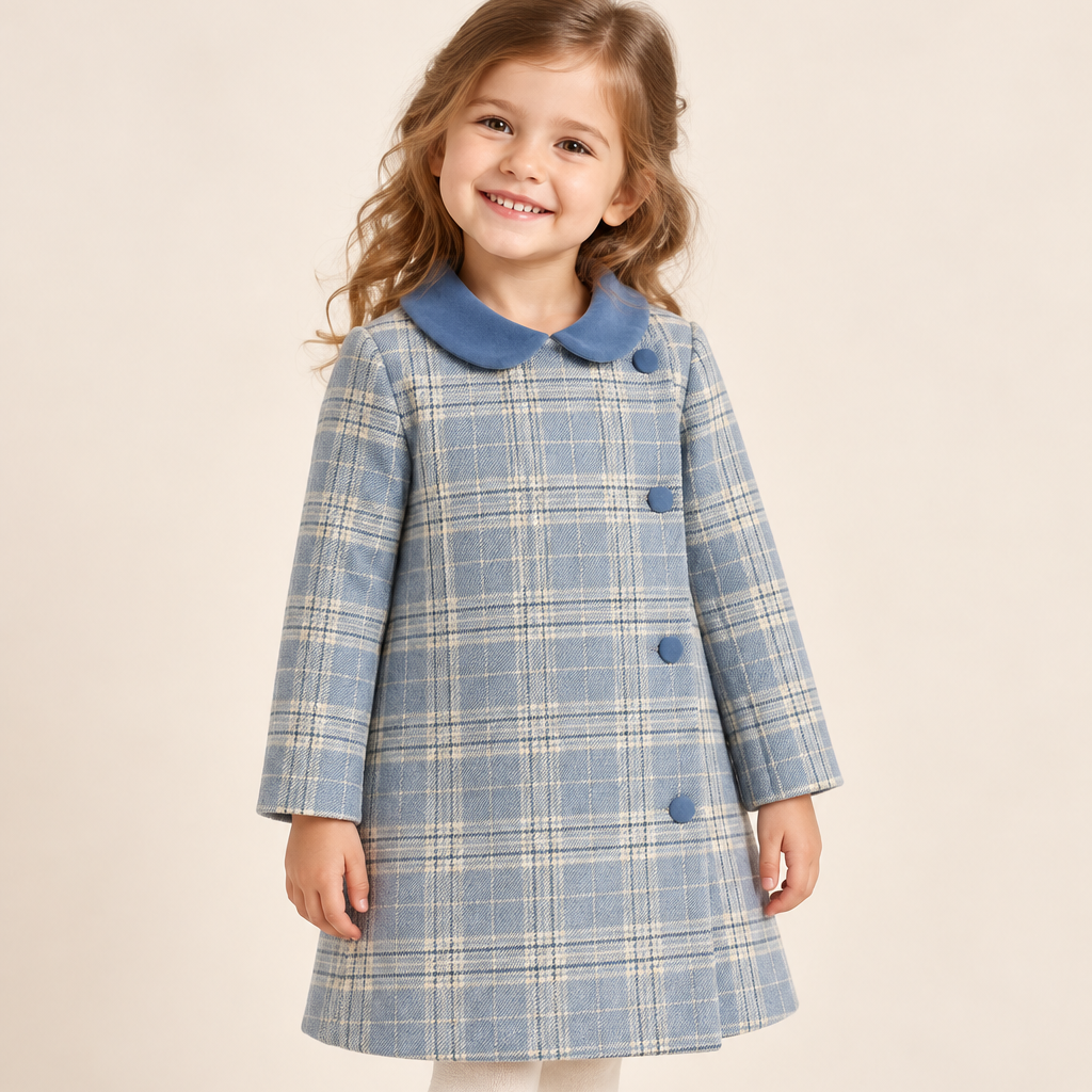 Plaid Pure Wool Coat with Velvet Collar for Girls (2T–8T)