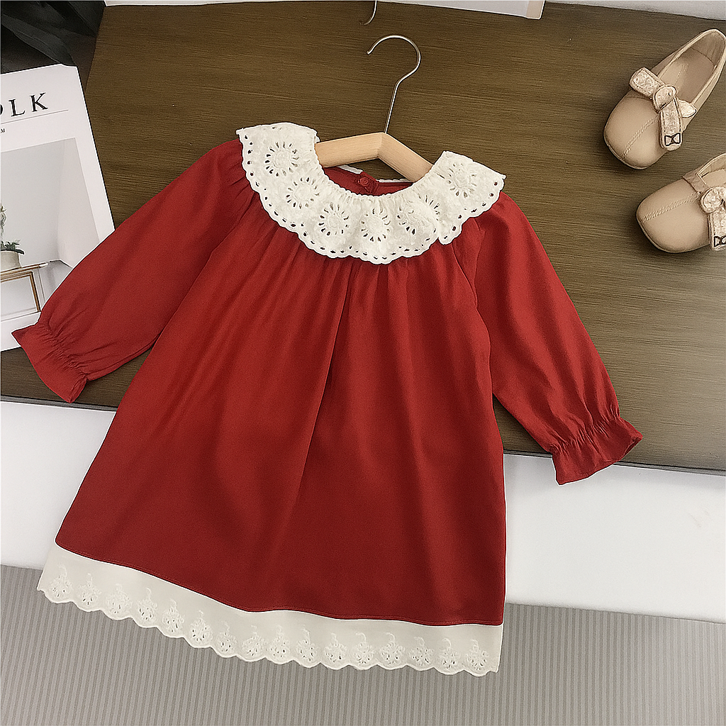 Girls’ Fall Cotton Dress with Lace Collar,2T to 7T,Brown & Red