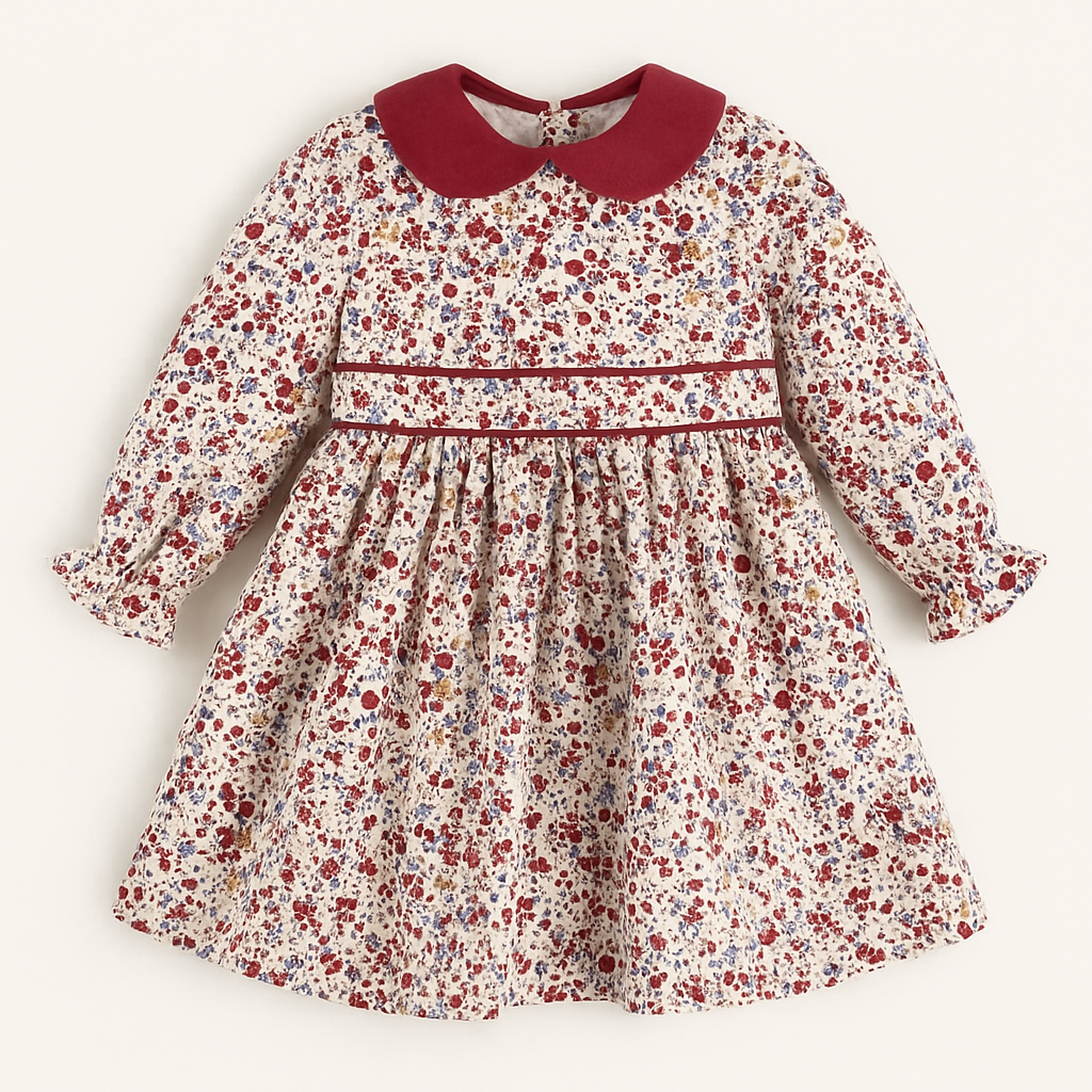 Vintage Floral Cotton Dress with Velvet Collar,12M - 7T