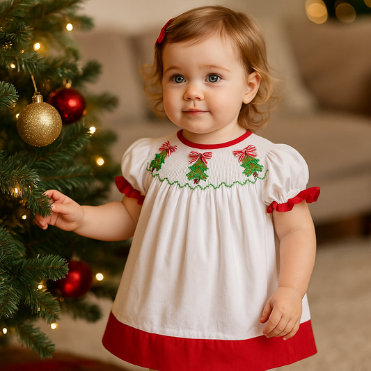 Hand-Smocked Christmas Bishop Dress (6M–8T)