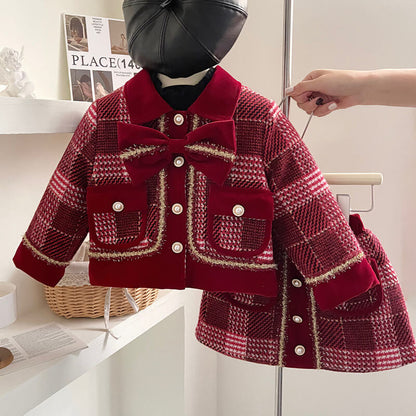 Red Plaid Quilted Coat Set,2T to 7T.