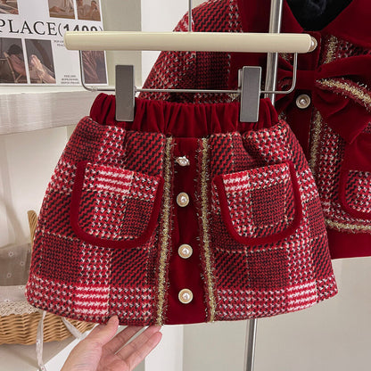 Red Plaid Quilted Coat Set,2T to 7T.