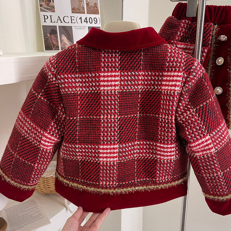 Red Plaid Quilted Coat Set,2T to 7T.