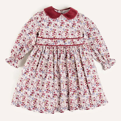 Vintage Floral Cotton Dress with Velvet Collar,12M - 7T