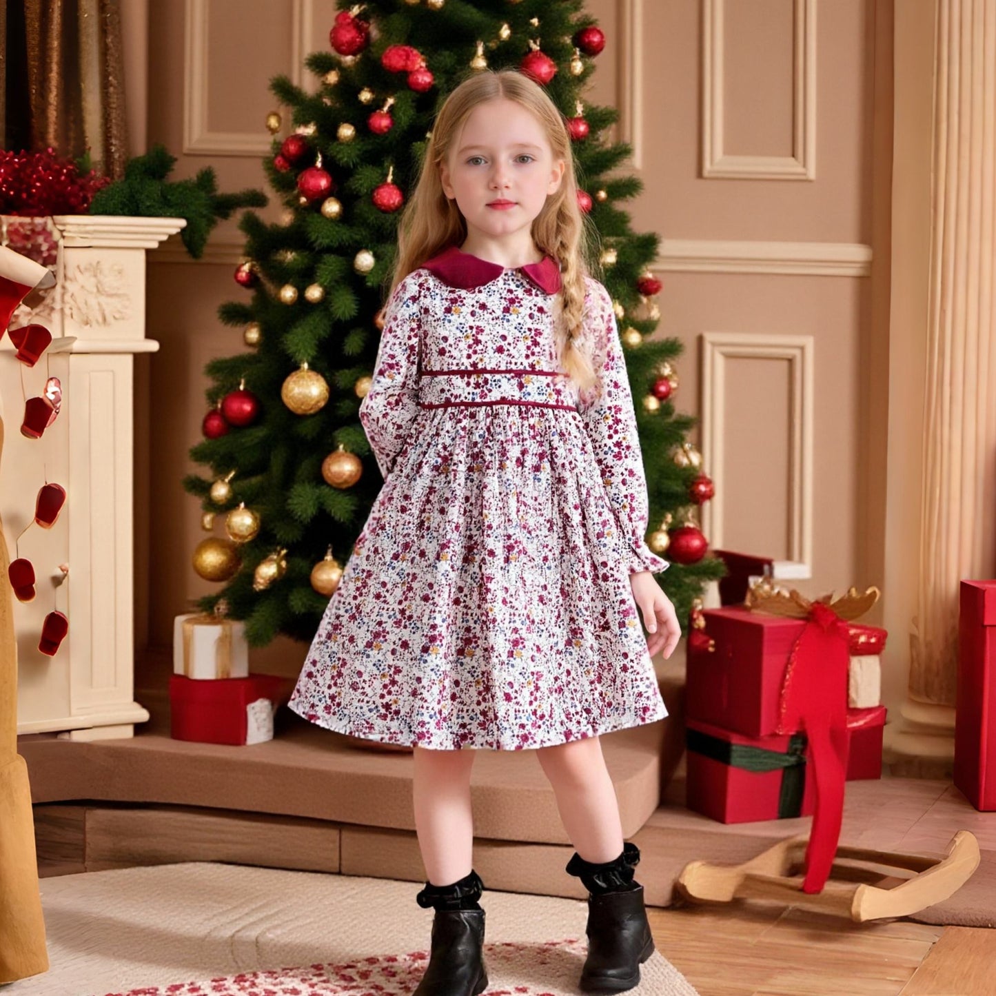 Vintage Floral Cotton Dress with Velvet Collar,12M - 7T