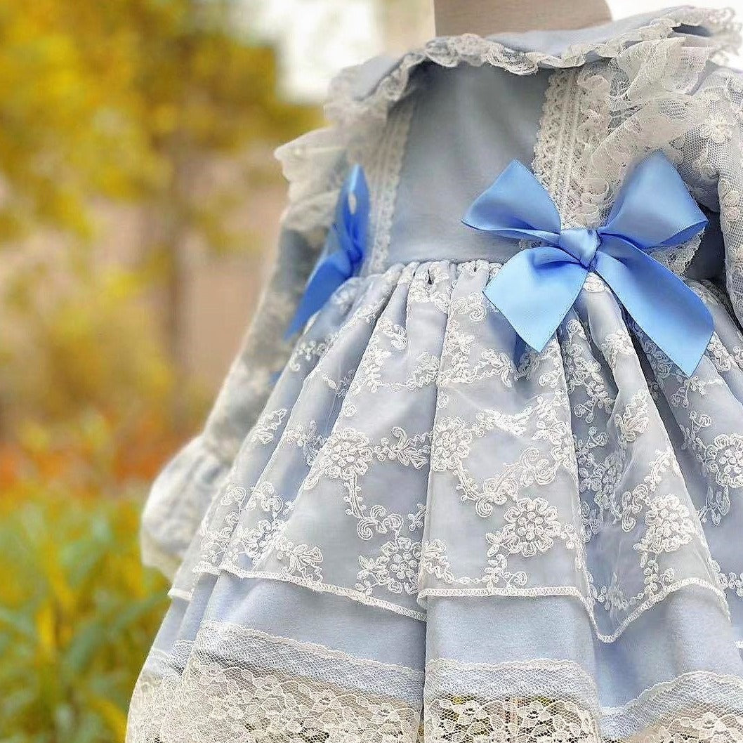 Blue Bow Dress With Lace & Embroidery,12M to 10T