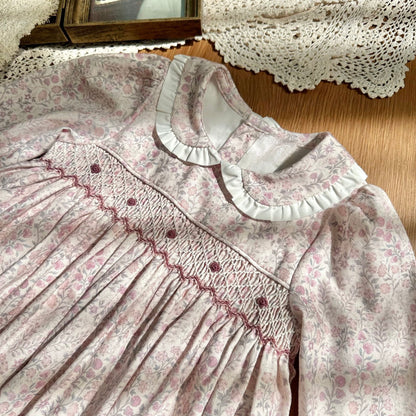 Blush Pink Floral Hand Smocked Dress,12M to 6T
