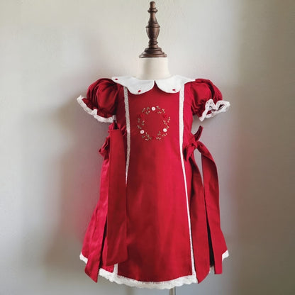 Scallop Collar Dress With Hand Embroidery,Blue/Red,6M to 8T.