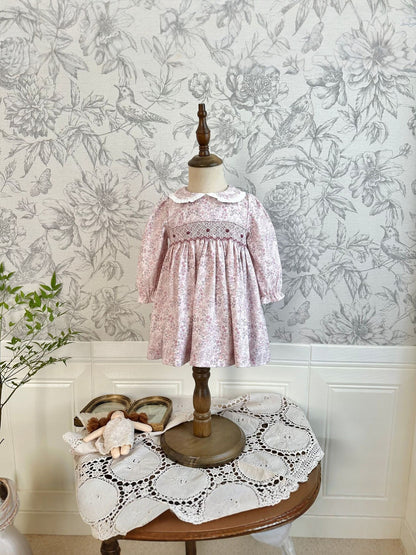 Blush Pink Floral Hand Smocked Dress,12M to 6T