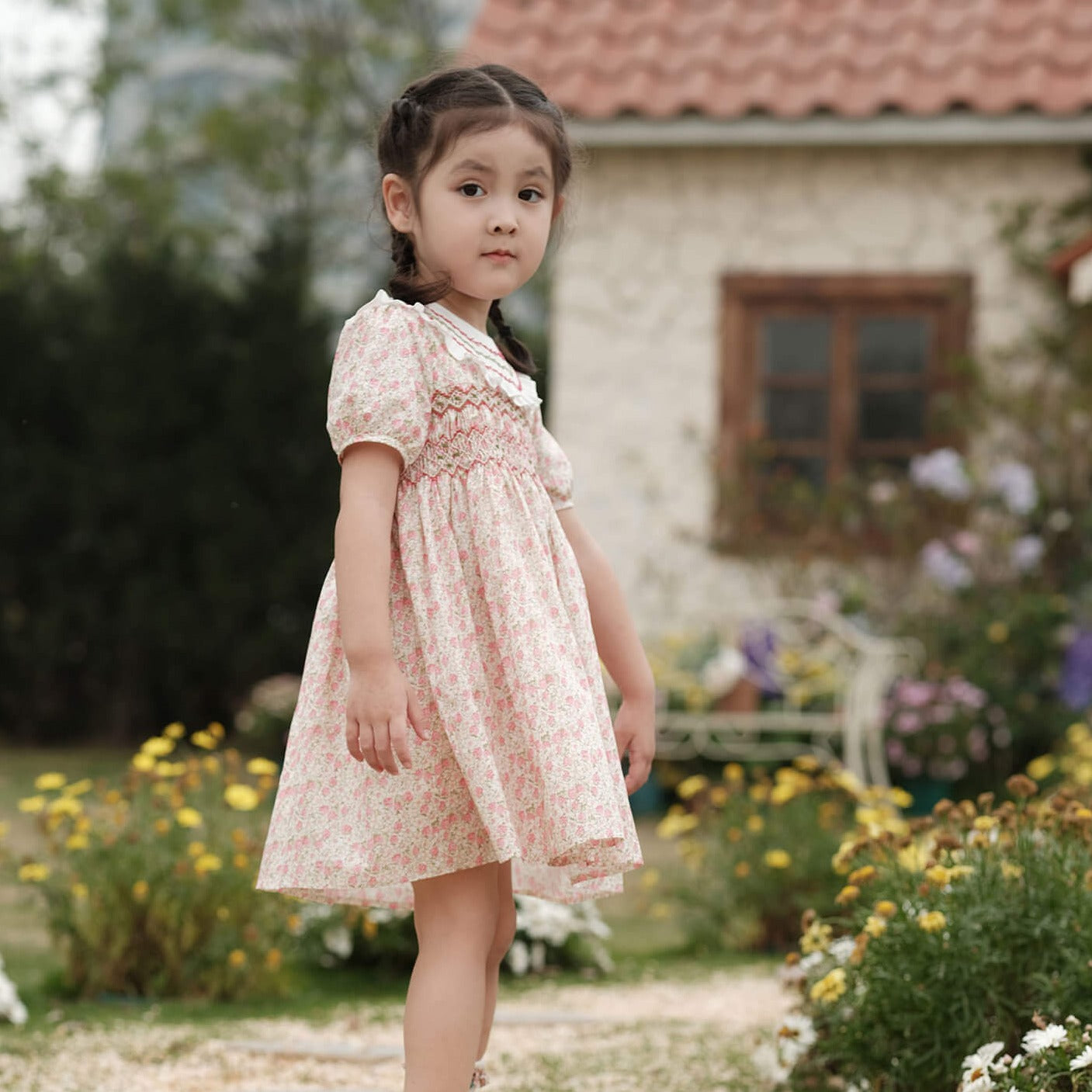 Pastoral Floral Hand Smocked Dress,12M to 7T.