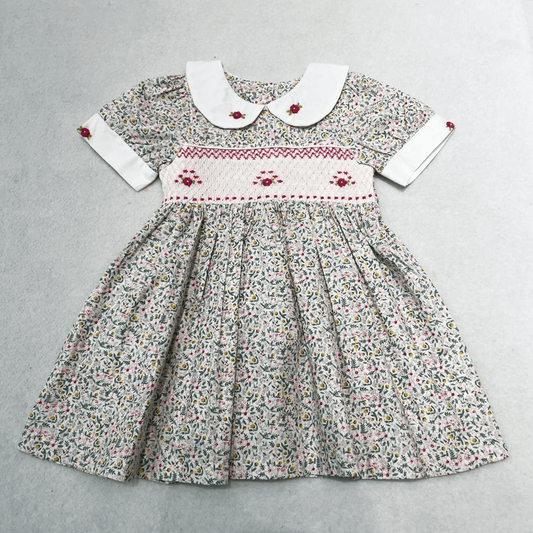 Cute Hand Smocked Dress,Pink/Floral,2T to 6T.