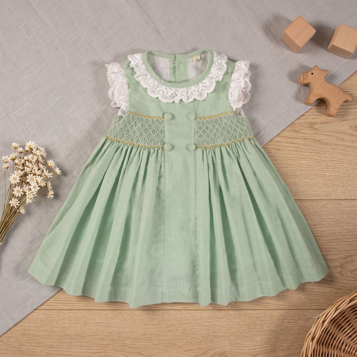 Sage Green Hand Smocked Girls Dress with Lace Collar & Back Bow