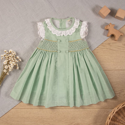 Sage Green Hand Smocked Girls Dress with Lace Collar & Back Bow