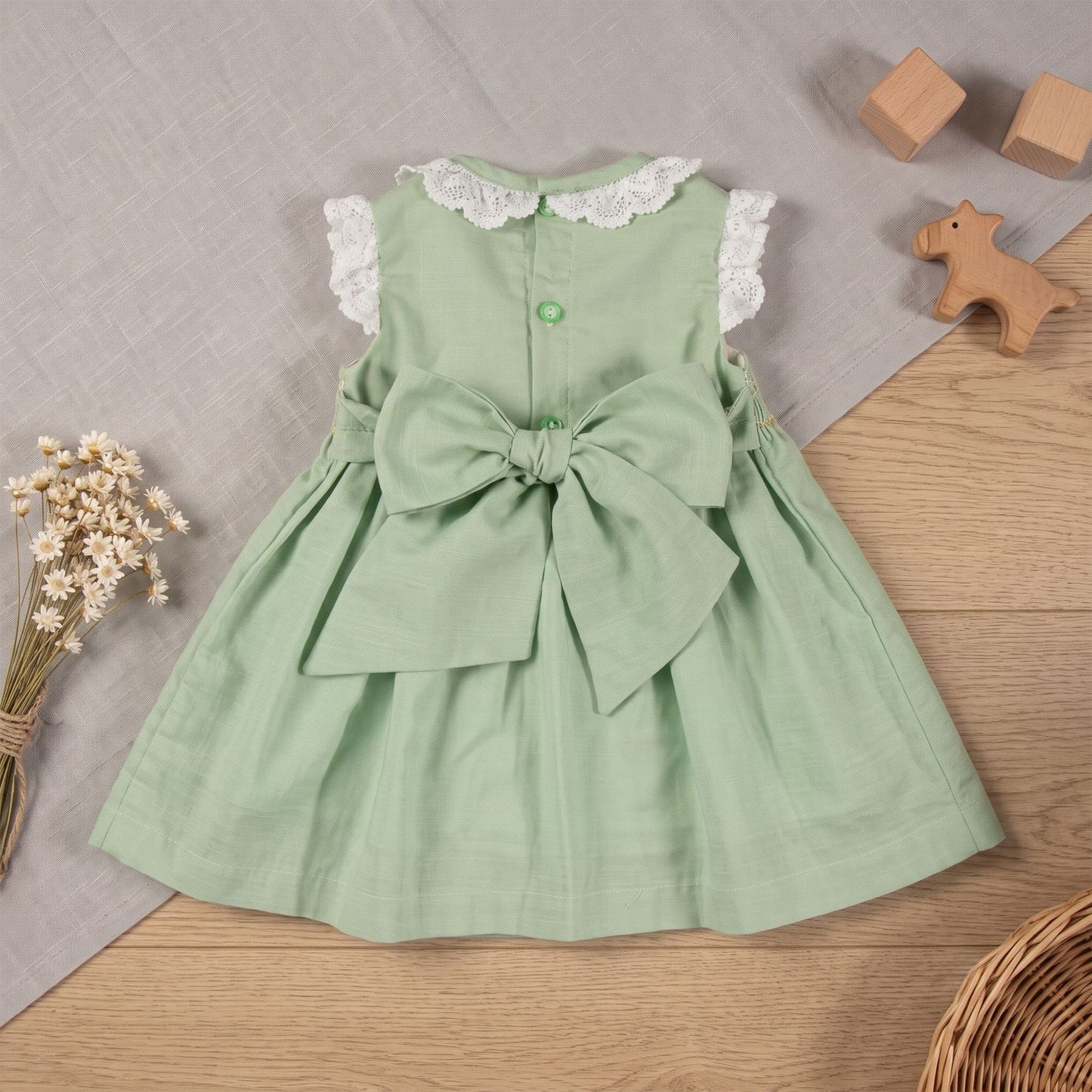 Sage Green Hand Smocked Girls Dress with Lace Collar & Back Bow