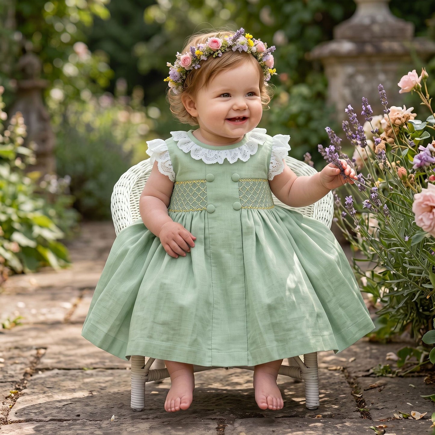Sage Green Hand Smocked Girls Dress with Lace Collar & Back Bow