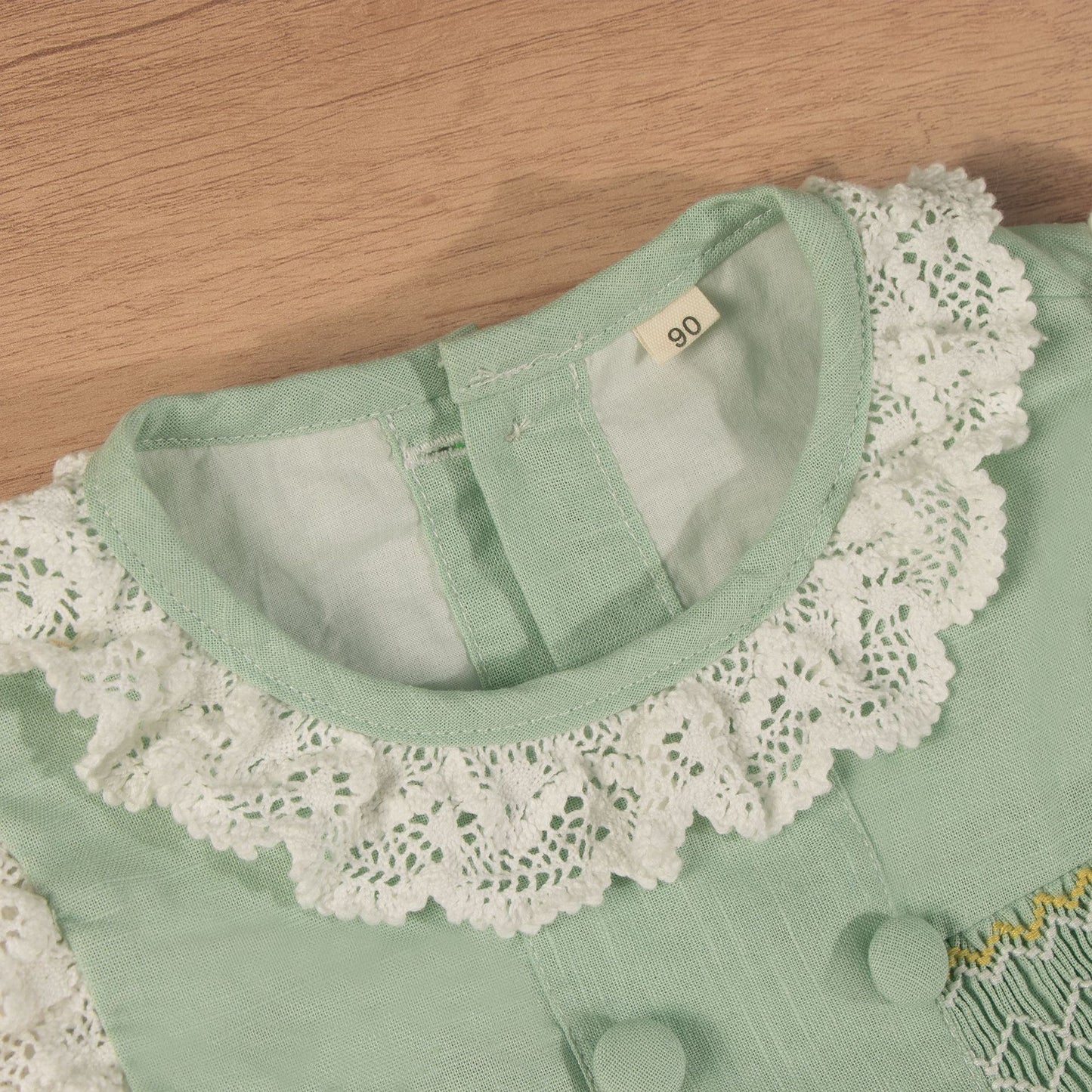 Sage Green Hand Smocked Girls Dress with Lace Collar & Back Bow