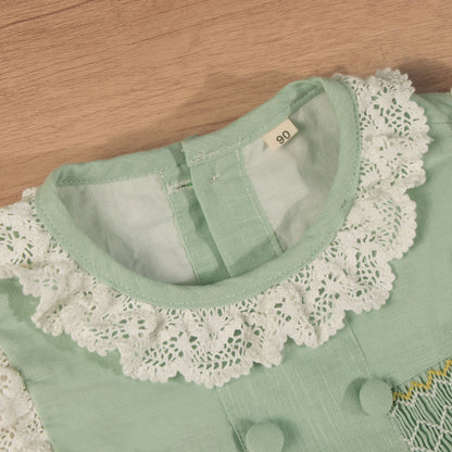 Sage Green Hand Smocked Girls Dress with Lace Collar & Back Bow
