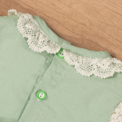 Sage Green Hand Smocked Girls Dress with Lace Collar & Back Bow