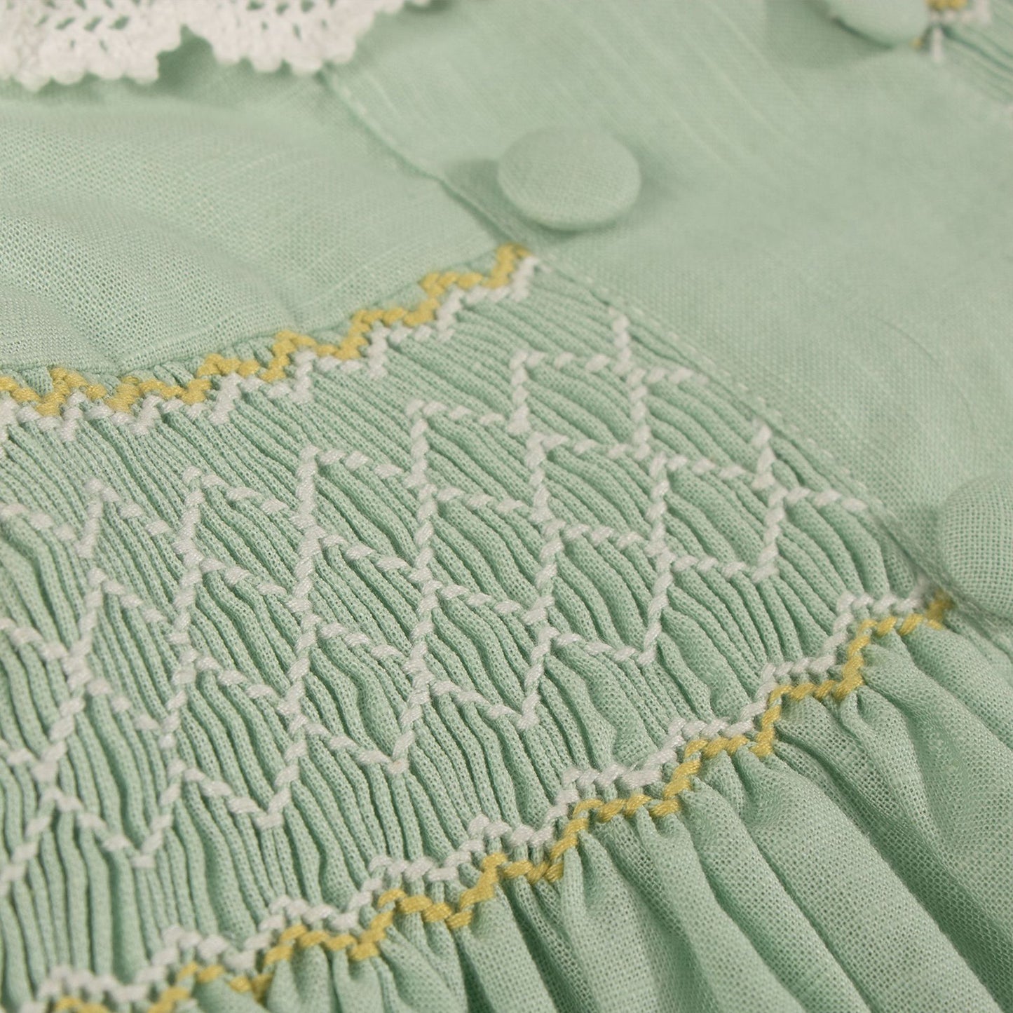 Sage Green Hand Smocked Girls Dress with Lace Collar & Back Bow