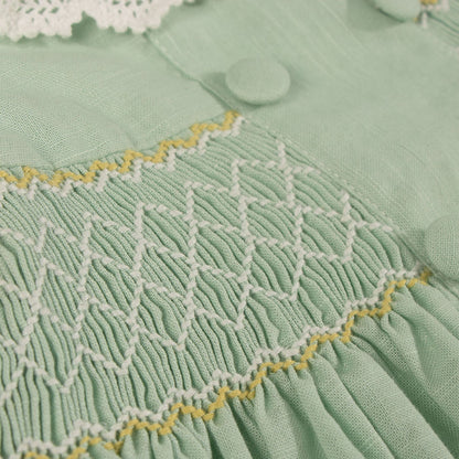 Sage Green Hand Smocked Girls Dress with Lace Collar & Back Bow