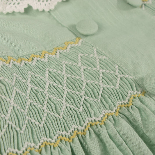 Sage Green Hand Smocked Girls Dress with Lace Collar & Back Bow