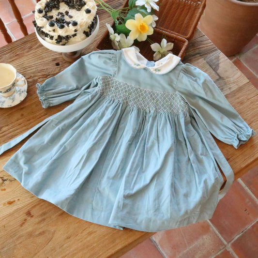 Hand-Smocked Dusty Blue Cotton Dress,2T–7T