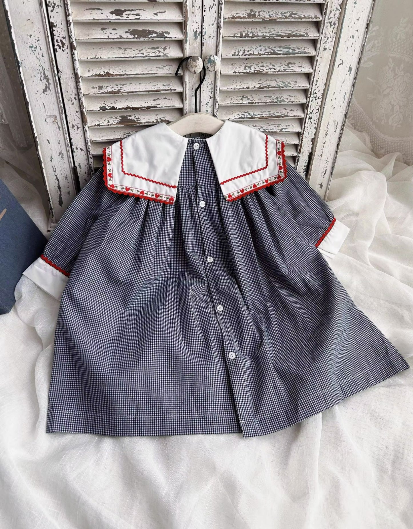 Classic Gingham Dress with Vintage Embroidered Collar,12M to 6T