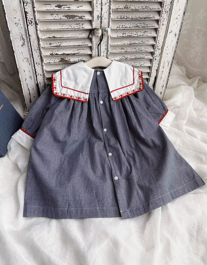 Classic Gingham Dress with Vintage Embroidered Collar,12M to 6T