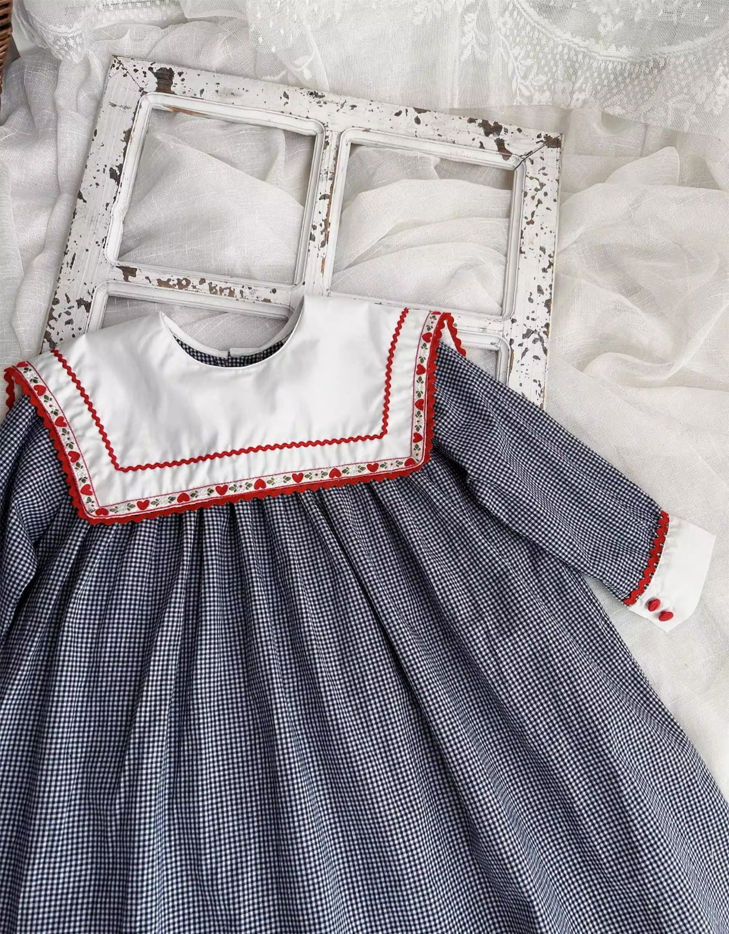 Classic Gingham Dress with Vintage Embroidered Collar,12M to 6T