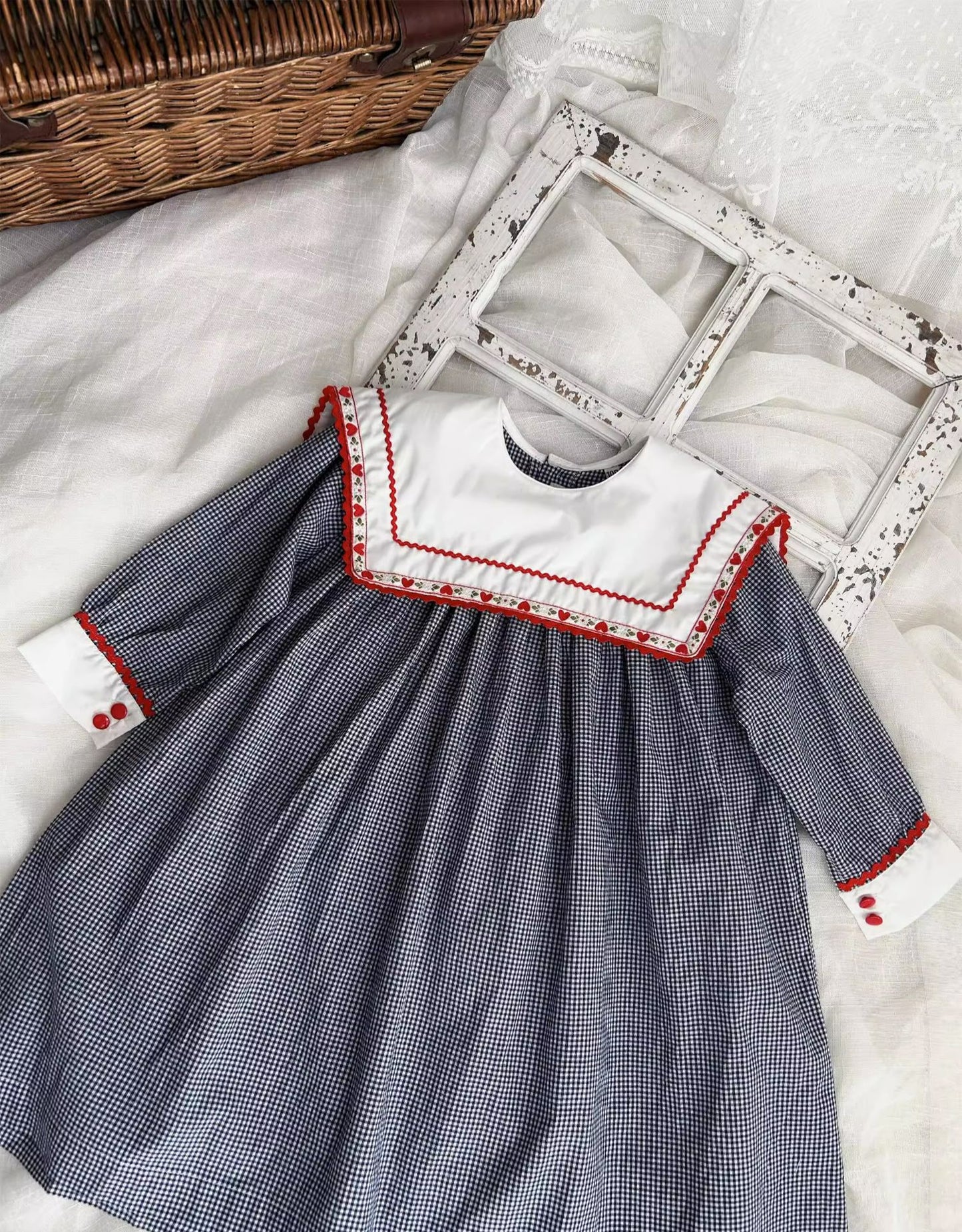 Classic Gingham Dress with Vintage Embroidered Collar,12M to 6T