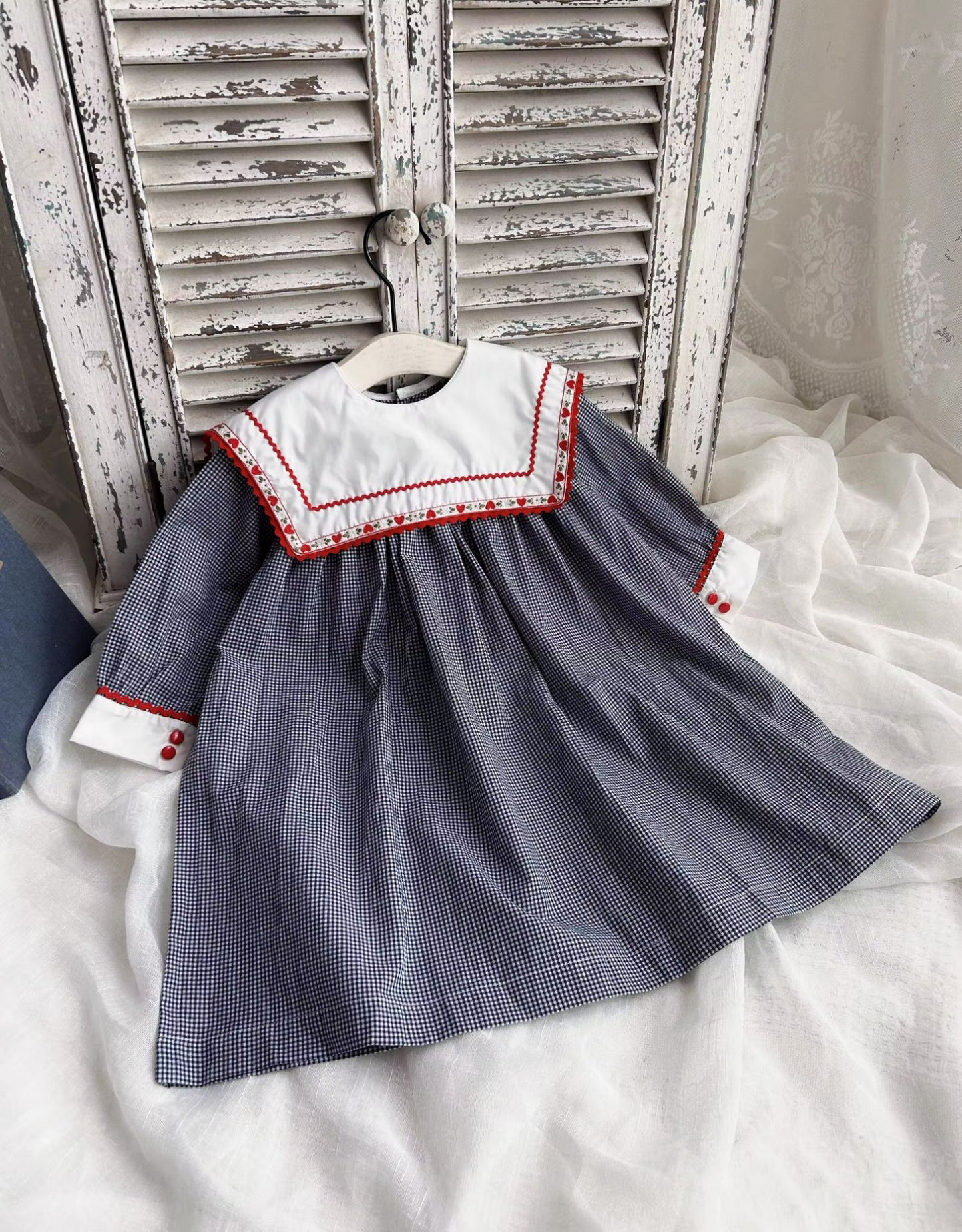 Classic Gingham Dress with Vintage Embroidered Collar,12M to 6T
