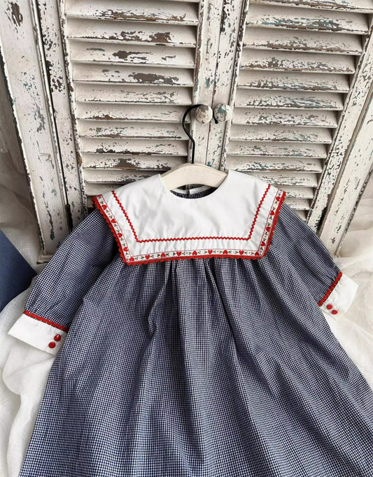 Classic Gingham Dress with Vintage Embroidered Collar,12M to 6T