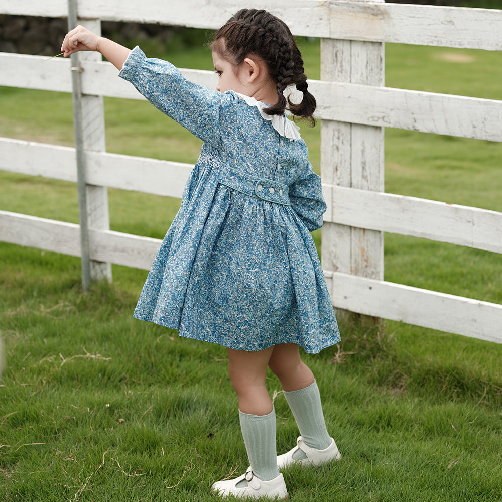 Full Sleeves Blue Floral Hand Smocked Dress,12M to 6T.