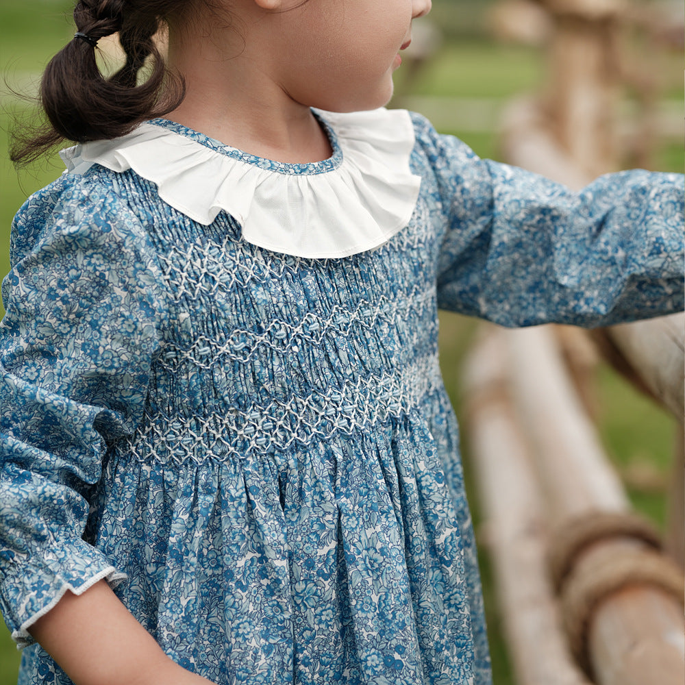 Full Sleeves Blue Floral Hand Smocked Dress,12M to 6T.